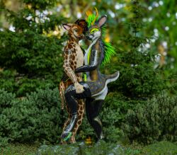 3d_(artwork) absurd_res anthro antlers ass clothed clothing deer digital_media_(artwork) duo embrace erection feathers fur genitals green_body green_eyes green_feathers hand_on_shoulder hi_res horn hug hyena kiwidox knot latex_clothing looking_at_viewer male male/male mammal multicolored_body multicolored_fur nature nature_background nub_tail outside partially_clothed pawpads paws penis rexouium standing translucent translucent_armwear translucent_clothing yellow_eyes