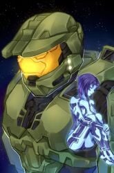 1boy 1boy1girl 1girls armor ass blue_eyes blue_hair breasts cortana female halo_(series) halo_3 helmet hips master_chief medium_hair seeiz