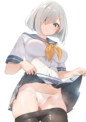 big_breasts blue_eyes blush breasts exposed_underwear guchamoko hair_over_one_eye hamakaze_(kantai_collection) kantai_collection leggings leggings_down light-skinned_female light_skin looking_at_viewer looking_down looking_down_at_viewer skirt skirt_lift solo solo_female solo_focus thigh_gap thighs video_game video_game_character white_hair white_underwear