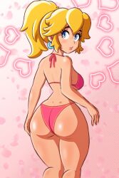 1girls 2020s 2023 ass big_butt bikini blonde_hair blue_eyes blush breasts earrings female female_only long_hair looking_at_viewer looking_back mario_(series) nintendo pink_bikini ponytail princess_peach solo witch_lazuli