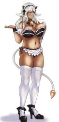 1girls ash_(fire_emblem) bangs bare_thighs breast_press breasts brown_eyes cleavage cow_girl earrings female female_only fire_emblem fire_emblem_heroes grey_hair high_heels huge_breasts long_hair looking_at_viewer maid nintendo plate pointy_ears renaisblade smile solo tail thighhighs thighs waitress