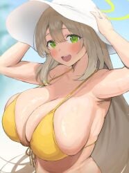 abydos_high_school_student bikini blue_archive blush blush_stickers foreclosure_task_force_(blue_archive) green_eyes halo hands_on_head hat huge_breasts nekoshoko nonomi_(blue_archive) nonomi_(swimsuit)_(blue_archive) official_alternate_costume skindentation smile upper_body