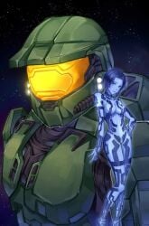 1boy 1girls armor blue_eyes blue_hair breasts cortana female halo_(series) halo_2 helmet hips looking_at_viewer master_chief medium_hair seeiz thighs wide_hips