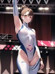 ai_generated ai_mirror armpits brown_eyes brown_hair cameltoe female female_focus female_only hi_res leotard one-piece_swimsuit ponytail