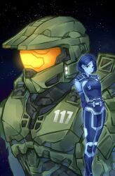 1boy 1girls armor blue_eyes blue_hair breasts halo_(series) helmet hips looking_at_viewer master_chief medium_hair seeiz the_weapon_(halo_infinite)