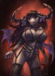 2023 anthro big_breasts bovid bovine breasts brown_hair caribou_(artist) cattle clothing collar demon ear_tag female fur genitals grey_body grey_fur hair horn lingerie looking_at_viewer mammal membrane_(anatomy) membranous_wings nipples pussy red_eyes solo wings