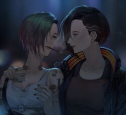 2girls cigarette clothed cyberpunk_2077 judy_alvarez romantic tattoo undercut v_(cyberpunk_2077) valerie_(cyberpunk_2077) yorukun yuri