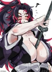 6_eyes big_breasts black_hair blush cleavage demon_girl demon_slayer facial_markings female female_only genderswap_(mtf) hakama huge_breasts japanese_clothes katana kimetsu_no_yaiba kimono kokushibo kurenaiz1 long_hair michikatsu_tsugikuni momiji_(artist) multi_eye no_bra object_between_breasts pale-skinned_female pale_skin ponytail red_sclera red_streak rule_63 samurai solo sweat sword two_tone_hair weapon yellow_eyes