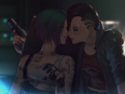 2girls cyberpunk_2077 judy_alvarez romantic v_(cyberpunk_2077) valerie_(cyberpunk_2077) yorukun yuri