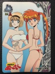 2girls 90s accurate_art_style artist_request ass bikini blonde_hair breasts brown_hair card_(medium) female hairband human jigoku_sensei_nube kyoko_inaba large_breasts miki_hosokawa official_art orange_hair pale-skinned_female pale_skin photo_(medium) red_bikini short_hair shounen_jump thong_bikini twintails white_bikini