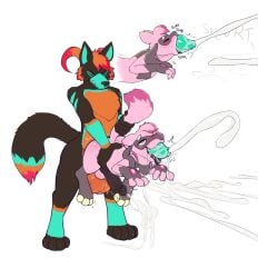 all_the_way_through anal anthro anthro_on_feral balls clade cum drooling feral fucked_from_behind fur gay in_ass_out_mouth knot lucario nintendo pink_fur pokemon pokemon_(species) tagme