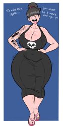 asian asian_female barbara_yamanaka_(wappah) black_dress breasts cleavage dress goth looking_back penis_size_requirement piercings ponytail skull_print tattoos text thick_thighs wappah wide_hips