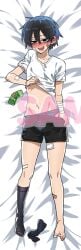 bandages black_hair black_shorts black_socks blue_underwear blush dakimakura drunk feet femboy lee_hoon lying parkgee seducing seductive_body shirt shorts socks suicide_boy teenage teenage_boy underwear white_shirt