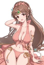 1girls :d absurdres alternate_costume bare_shoulders bikini blush breasts brown_eyes brown_hair circlet cleavage collarbone female female female_only fire_emblem fire_emblem:_mystery_of_the_emblem fire_emblem:_shadow_dragon_and_the_blade_of_light fire_emblem_heroes gonzarez hair_ornament highres jewelry large_breasts linde_(fire_emblem) linde_(summer)_(fire_emblem) long_hair looking_at_viewer navel nintendo official_alternate_costume open_mouth pink_bikini pink_swimsuit ponytail simple_background smile solo starfish starfish_hair_ornament swimsuit very_long_hair white_background