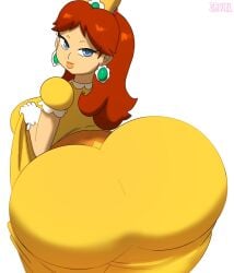 1girls ass ass_focus ass_in_dress big_ass big_breasts bimbo blue_eyes brown_hair clothed crown female hi_res huge_ass looking_back mario_(series) nintendo princess_daisy round_ass seductive_look solo tagme tight_clothing zaviel