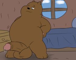 anthro balls bear bed bedroom big_balls big_penis bodily_fluids brown_bear camp14 cartoon_network chubby_anthro chubby_male furniture genital_fluids genitals grizzly_(wbb) grizzly_bear hi_res humanoid_genitalia humanoid_penis male male_focus male_only mammal penis precum solo solo_male ursine we_bare_bears window