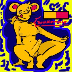 animal_humanoid breasts colored crouching erection female genitals hi_res humanoid intersex intersex/female mammal mammal_humanoid mouse murid murine nude nude_female penis rodent solo tongue tongue_out twinklemote yellow_body