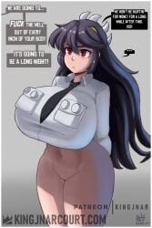 1girls black_hair bottomless breasts female filia_(skullgirls) highres huge_breasts implied_prostitution kingjnar long_hair navel necktie no_panties red_eyes samson_(skullgirls) shirt skullgirls stomach thick_thighs thighs wide_hips