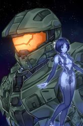 1boy 1girls armor blue_eyes blue_hair breasts cortana female halo_(series) halo_4 helmet hips looking_at_viewer master_chief medium_breasts medium_hair seeiz thick_thighs