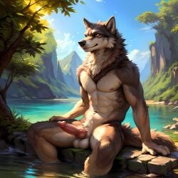 ai_generated anthro balls brown_fur detailed detailed_background detailed_shading fluffy fur furry knot male male_focus muscular notagaylizard penis shaded shadows sitting solo solo_focus water waterfall wolf