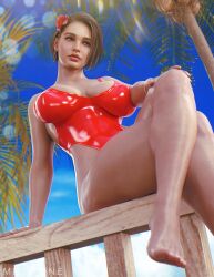 1girls 3d 3d_(artwork) ass beach big_ass big_breasts breasts brown_hair capcom cleavage female female_only hi_res hoop_earrings jill_valentine jill_valentine_(sasha_zotova) large_breasts leotard looking_at_viewer milapone one-piece_swimsuit resident_evil resident_evil_3 resident_evil_3_remake solo swimsuit thick_thighs thighs thong_leotard voluptuous wide_hips