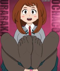 azurestar boku_no_hero_academia brown_hair clothing feet feet_up female female_only foot_fetish my_hero_academia no_shoes ochako_uraraka panties see-through see-through_clothing skirt smile stockings tagme uniform uraraka_ochako