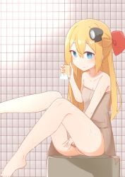 bathroom blonde_hair blue_eyes daebom flat_chest holding_object looking_at_viewer pussy_juice red_ribbon soap t-34-57 t-34-57(old) t34_family tagme towel war_thunder wet wet_pussy young_female