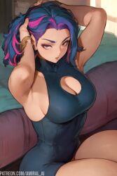 1girls ai_generated amiral_ai armpits arms_up boku_no_hero_academia breasts cutesexyrobutts_(style) cutesexyrobutts_ai_artstyle_imitation dress female hi_res kaina_tsutsumi lady_nagant large_breasts light-skinned_female light_skin looking_at_viewer my_hero_academia presenting_armpit purple_eyes purple_hair stable_diffusion thick_thighs tsutsumi_kaina