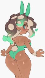 ass ass_view breasts bunny_ears bunny_tail bunnysuit dark-skinned_female detached_collar female female_focus female_only green_clothing green_eyes green_hair heart leotard marina_(splatoon) nintendo splatoon splatoon_2 tentacle_hair thighs wamudraws wrist_cuffs