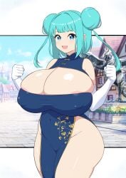 areola_slip clenched_fist clenched_fists clenched_hand clenched_hands curvaceous cyan_eyes cyan_hair double_bun gigantic_breasts gigantic_hips gigantic_thighs gloves nipple_bulge qipao skindentation smile thick_thighs wide_hips