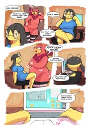 anthro clothing comic female generation_1_pokemon generation_6_pokemon half_naked helioptile hi_res leggings legwear mostly_nude nintendo panties pantsless pink_body pokemon pokemon_(species) slightly_chubby slowpoke tammy_(goopyarts) text thick_thighs thigh_highs underwear wide_hips yellow_skin