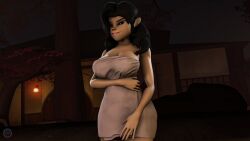 3d asian_female busty gorillaz hair_down holding_waist long_hair night noodle_(gorillaz) outside pov questioning sfm smiling smug thelittleginny towel towel_around_waist