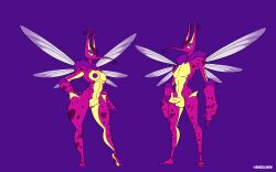 2022 3_toes 4_fingers abs absurd_res antennae_(anatomy) anthro arthropod balls bugzilla clothing curled_antennae dipteran duo erection feet female fingers flat_colors footwear fur genitals hand_on_hip hi_res high_heels humanoid_genitalia humanoid_penis insect_wings insects looking_at_viewer male male/female model_sheet mosquito mossax navel nipples penis pink_body purple_background purple_body purple_fur purple_nipples purple_penis purple_spots pussy signature simple_background slim spectrobe spectrobes spots spotted_body spread_wings thick_thighs toes tuft vein veiny_penis wings yellow_body yellow_penis