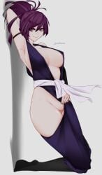 armpits boobs jigokuraku lezeal purple_hair simple_background yuzuriha_(jigokuraku)