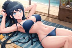 ai_generated beach big_breasts bikini blue_bra blue_panties cleavage danganronpa danganronpa:_trigger_happy_havoc maizono_sayaka midriff one_hand_behind_head ponytail smile stable_diffusion swimsuit