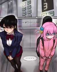 2girls anxiety ayaki777 black_iris blue_iris blush bocchi_the_rock! breasts elevator embarrassed formal_clothes gotou_hitori komi-san_wa_komyushou_desu komi_can't_communicate komi_shouko leggings looking_away_from_partner shy sweatdrop tracksuit voluptuous_female