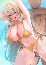 1boy abydos_high_school_student armpits ayomo_ro bare_shoulders bent_over bikini bikini_aside blonde_hair blue_archive blue_sky blush breasts censored cleavage cum cum_in_pussy cum_inside ejaculation female foreclosure_task_force_(blue_archive) green_eyes halo highres large_breasts long_hair mosaic_censoring navel nonomi_(blue_archive) nonomi_(swimsuit)_(blue_archive) open_mouth penis pussy sex sex_from_behind sky straight sweat swimsuit testicles thighs vaginal_penetration yellow_bikini