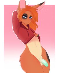 anthro blue_eyes bodily_fluids bottomless clothed clothing fiamourr fur genital_fluids genitals girly hair hi_res hoodie hoodie_only humanoid_genitalia humanoid_penis lagomorph leporid looking_at_viewer male mammal orange_body orange_fur orange_hair partially_clothed penis precum rabbit smile smiling_at_viewer solo standing topwear topwear_only yellow_body yellow_fur