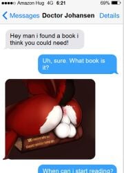 2023 621_(number) 69_(number) anthro anus backsack balls book dialogue english_text fur genitals hi_res humor jarlium male male_focus male_only multicolored_body multicolored_fur multicolored_tail original original_character perineum phone presenting presenting_balls red_body red_fur sitting_on_book solo tail text text_message texting victor_johansen white_body white_fur