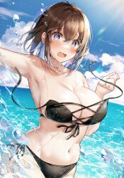 bikini_top_removed breasts female gradient_eyes huge_breasts ocean open_mouth shocked splashing suprised swirly_eyes wardrobe_malfunction water wavy_mouth