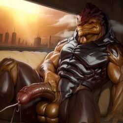 4_balls ai_generated alien balls ballsack big_penis cum detailed detailed_background ejaculation hi_res highres krogan male male_focus mass_effect muscular notagaylizard penis presenting presenting_penis sitting sitting_on_sofa solo solo_focus steam testicles