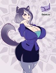 big_breasts blazer cat_ears cat_tail catgirl dazol gray_hair huge_breasts large_breasts lipstick looking_down office_lady original_character skirt tagme thick_eyebrows yellow_eyes