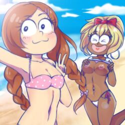 2girls bikini blonde_hair braided_hair brown_eyes brown_hair flashing_breasts juushiko_(osomatsu-san) multiple_girls osomatsu-san ponytail tan_body tanned_female todoko_(osomatsu-san)