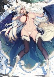 animal_ear_fluff animal_ears animal_feet bare_shoulders breasts breasts_apart censored cloak commission detached_collar earrings excessive_pubic_hair extra_ears female female_pubic_hair fox fox_ears fox_tail fur_trim grey_hair highres jewelry large_breasts linea_alba long_hair looking_at_viewer lying navel neck_ribbon nipples nude oerba_yun_fang on_back open_mouth original outdoors pointless_censoring pubic_hair pussy red_eyes ribbon rodway skin_fang smile solo stud_earrings tail thighhighs very_long_hair white_hair wide_hips