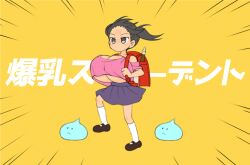 1girls accurate_art_style black_hair breasts brown_eyes chibi cleavage dragon_quest huge_breasts kaai_yuki kyoufuu_all_back_(vocaloid) miteinano mob_face no_mouth pink_topwear randoseru shortstack skirt slime_(dragon_quest) solo solo_female topwear twintails vocaloid