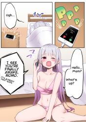 bedroom doujin doujinshi lin_(artist) long_hair manga mother_and_daughter original phone red_eyes silver_hair waking_up yawn