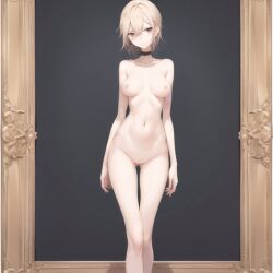 1girls ai_generated blonde_hair brown_eyes catwalk choker expressionless female lanky modelling nemus_waifu_generator nude pooplool short_hair sleekette slender slim tagme thin_arms thin_female thin_legs