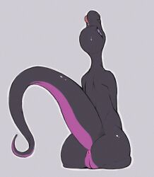 anthro anus ass black_body black_scales female generation_7_pokemon genitals grey_background hi_res licking licking_lips looking_at_viewer looking_back looking_back_at_viewer narley nintendo pokemon pokemon_(species) pussy reptile salazzle scales scalie simple_background sitting solo tongue tongue_out