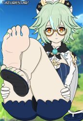 azurestar barefoot blue_sandals blush feet feet_up female female_only foot_fetish footprint_on_sandals footwear genshin_impact green_hair green_nails nailpolish one_shoe pale_skin sandals shoes_removed sucrose_(genshin_impact) tagme toes yellow_eyes