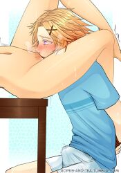 1boy blonde_hair bound_arms cunnilingus eating_pussy erect_penis female female_domination femdom malesub mystic_messenger orgasm purple_eyes ropes_and_tea straight sweating yellow_hair yoosung_kim